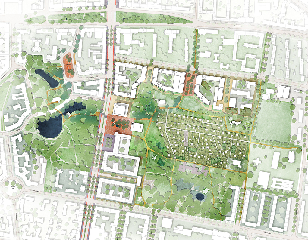 Bild 5 Durch die Klassifizierung von Bauteilen nach Reuse-, Recycle- und Downcycle-Potenzial zeigt das Projekt „Neue Mitte Tempelhof“ konkrete Strategien auf, wie Materialien aus dem Bestand wiederverwendet und in den Neubau integriert werden können – ein Modell für zirkuläres Bauen im urbanen Kontext. (Quelle: Teleinternetcafe und Treibhaus)