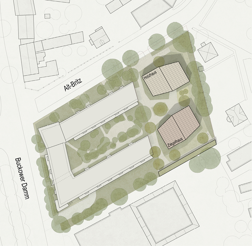 Bild 2 Alt Britz: Lageplan mit Holzhaus im Norden und Ziegelhaus im Süden, Vorentwurfsstand
Quelle: Arge ZRS Architekten GvA mbH und Bruno Fioretti Marquez GmbH
