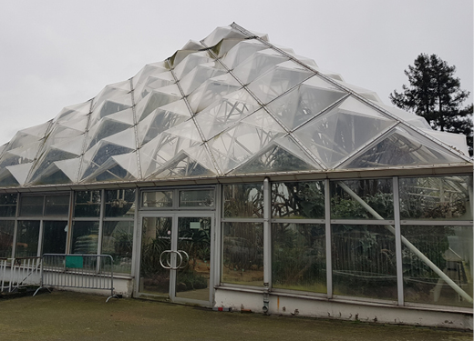 Bild 1a Vorher. Das Acrylglas der Gewächshausdächer im Grugapark war verwittert und unansehnlich geworden (a), deshalb wurden die botanischen Schauhäuser saniert und mit einem neuen Texlon ETFE-­Foliendach versehen (b)
