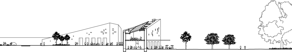 Bild 20 Ideenskizze des Architekten Martin Haas für das Raststättengebäude von Brandenburgs Alhambra mit grüner Terrasse, Besucherzentrum, Seminarbereich, Durchgang, Ausblick und Öffnung in die Landschaft
Quelle: Martin Haas/haascookzemmrich Studio 2050