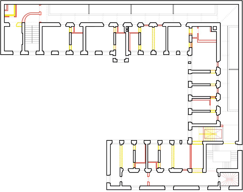 Bild 10 Grundriss Zellentrakt mit Abriss (gelb) und neuen Elementen (rot)
Quelle: Grüntuch Ernst Architekten