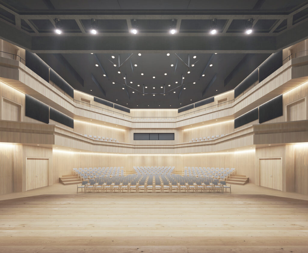 Bild 5 Visualisierung des Theatersaals mit Blick von der Bühne in die Zuschauerbereiche Quelle: yos.ch Visualisierungen
