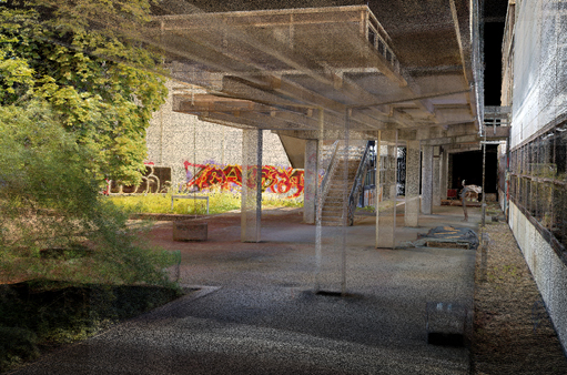 Bild 2 Punktewolke aus einem 3D-Scan der Bauteile vor dem Rückbau auf dem Campus Lichtwiese der TU Darmstadt (Quelle: Max Benjamin Eschenbach)