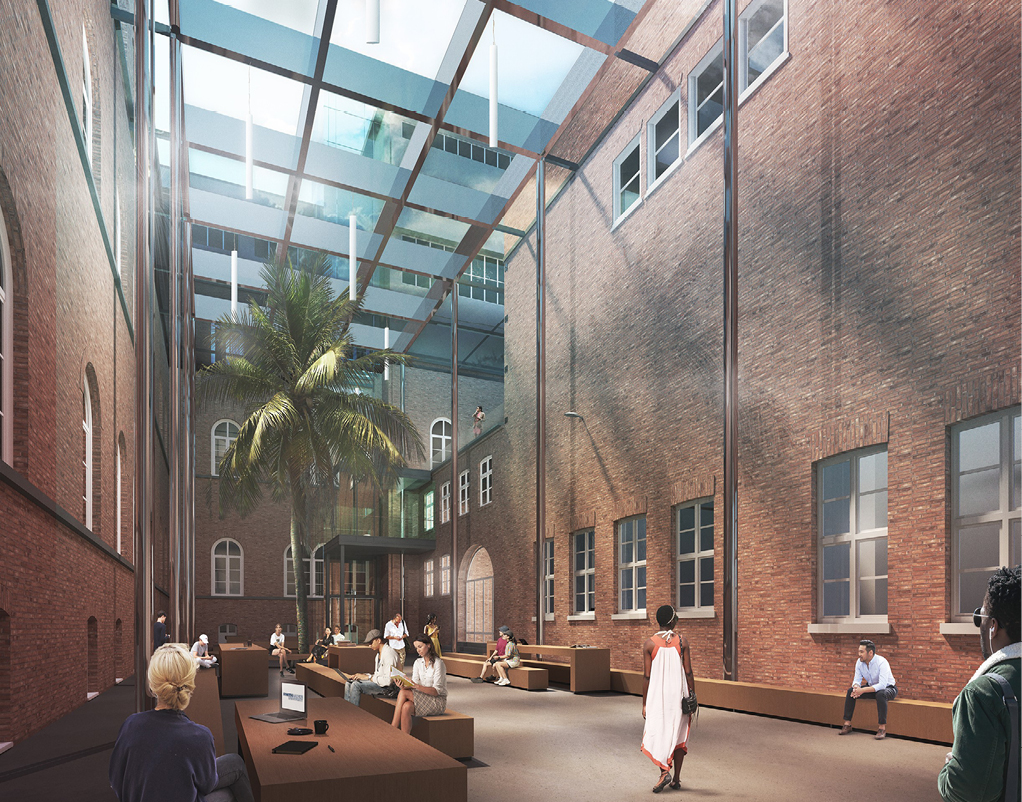 Bild 2 Innenraumperspektive des Hauptgebäudes, Siegerentwurf von KRP Architektur GmbH mit BRENNE ARCHITEKTEN GmbH, Müller-BBM Building Solutions, puj ingenieure, EiSat (Quelle: KRP Architektur GmbH mit BRENNE ARCHITEKTEN GmbH / Visualisierung: monokrom)