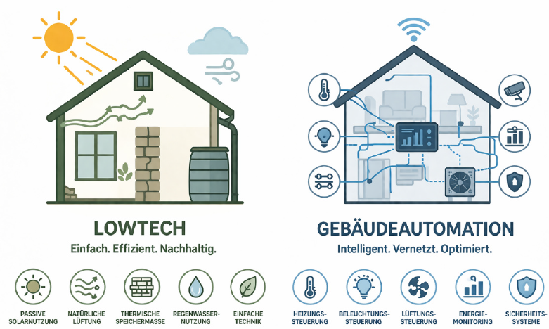 Bild 1 Schematische Gegenüberstellung von Lowtech-Strategien und Gebäudeautomation (Quelle: KI-generierte Darstellung)