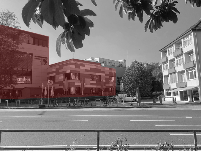 Bild 2 Gewählte Szenarienräume mit rot eingefärbten Gebäuden – Testfläche für Textilfassaden: a) Mensa Academica, b) Wüllnerstraße, c) SemiTemp (Quelle: Mathilda Murray (a, b), Hanna Potulski (c))