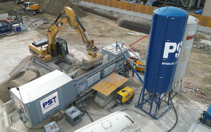 Bild 2 Mobile Mischanlage auf der Baustelle „Levelingstraße“ in München (Quelle: PST Spezialtiefbau Süd GmbH)
