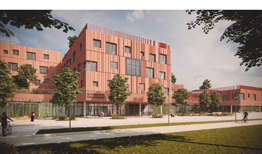 Bild 1 Der Bildungscampus am ehemaligen Nordwestbahnhof in Wien. Bis 2028 entsteht hier ein neuer Bildungsstandort für bis zu 1.600 Kinder – mit einem klaren Fokus auf Kreislaufwirtschaft. (Quelle: Arge Klammer Zeleny / Kronaus Mitterer Architekten)
