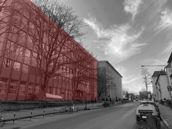 Bild 2 Gewählte Szenarienräume mit rot eingefärbten Gebäuden – Testfläche für Textilfassaden: a) Mensa Academica, b) Wüllnerstraße, c) SemiTemp (Quelle: Mathilda Murray (a, b), Hanna Potulski (c))