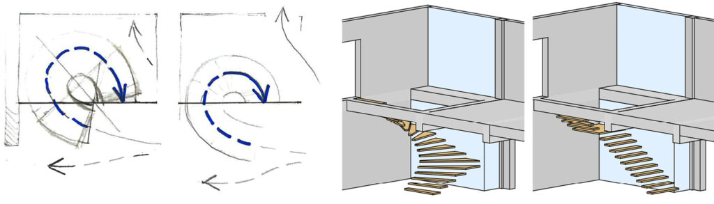 Bild 3 Hauptwege und Lauflinie der Treppe, Varianten im 3D-Modell (Quelle: B+G)