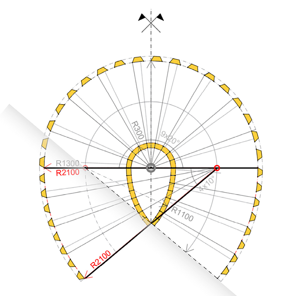Bild 2 Geometrisches Gerüst mit zwei Krümmungsbereichen, Symmetrie und ganzzahligen Maßen (Quelle: B+G)