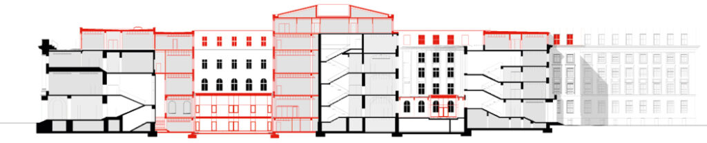Bild 4 Die Innenhöfe der ehemaligen Bundesbahndirektion Wuppertal werden überbaut und erweitert durch ergänzende Raumschalen. (Quelle: kister scheithauer gross architekten)