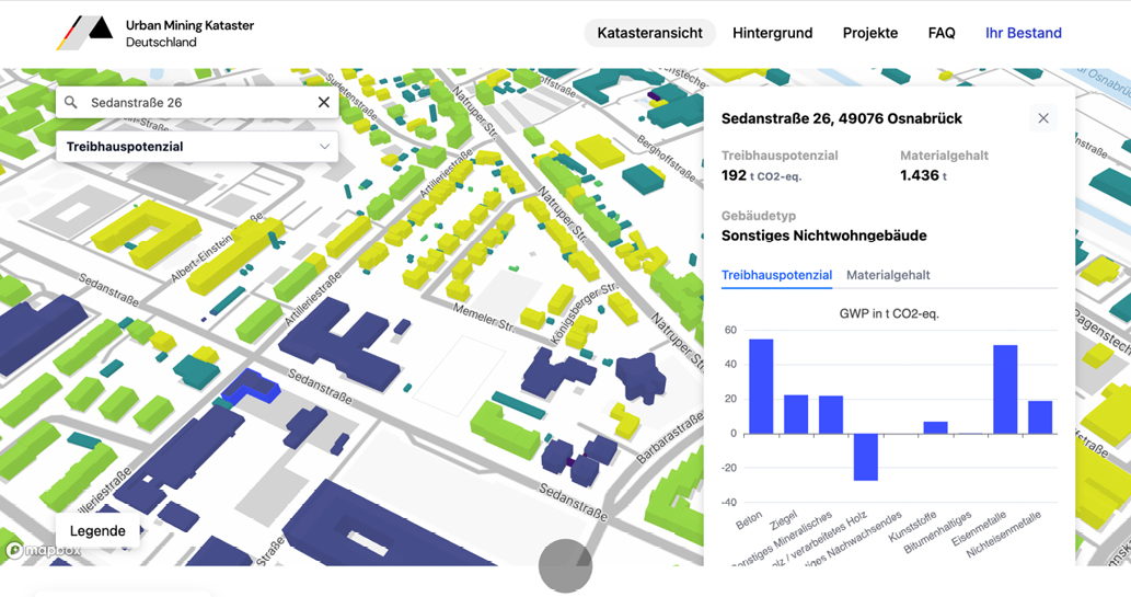 Bild 4 Urban Mining Kataster Deutschland; a) Beispielgebäude in Osnabrück und b) in Stuttgart (Quelle:urbanminingkataster.de)