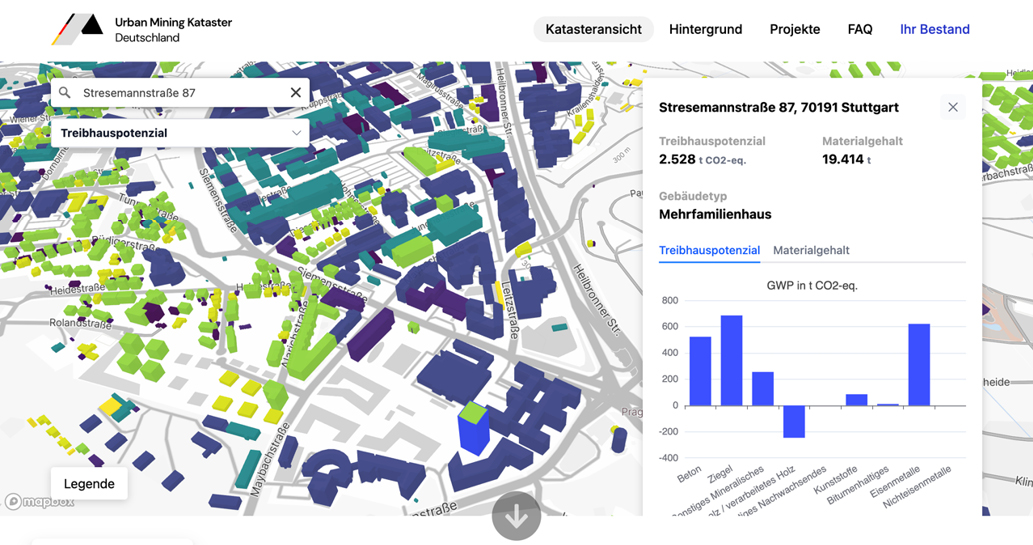 Bild 4 Urban Mining Kataster Deutschland; a) Beispielgebäude in Osnabrück und b) in Stuttgart (Quelle:urbanminingkataster.de)