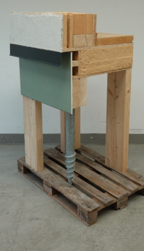 Bild 5 a) Modell einer nachhaltigen Gründungskonstruktion mit Schraubfundament und Holzrahmenkonstruktion mit Holzfaserdämmung, b) Modell einer nachhaltigen Anschlusskonstruktion zwischen Decke und Treppe mit Brettschichtholzdecke, Fußbodenaufbau aus Holzfaser, Kork und Bambus sowie Holztreppe (Quelle: TUD/Felix Hegewald)