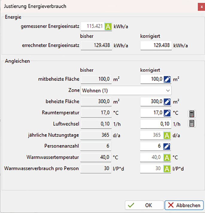 Bild 3 Dialog Justierung Energieverbrauch / Energiebedarf (Quelle: Envisys)