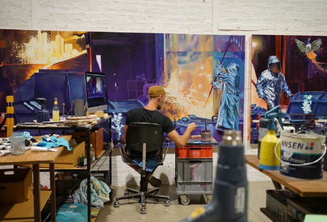 Bild 4 „Funkensprung & Phönix“ Kunstdruck mit Werkoriginal, Innerfields, 2025, duisport – Duisburger Hafen (Quelle: Innerfields (2025), duisport – ­Duisburger Hafen)